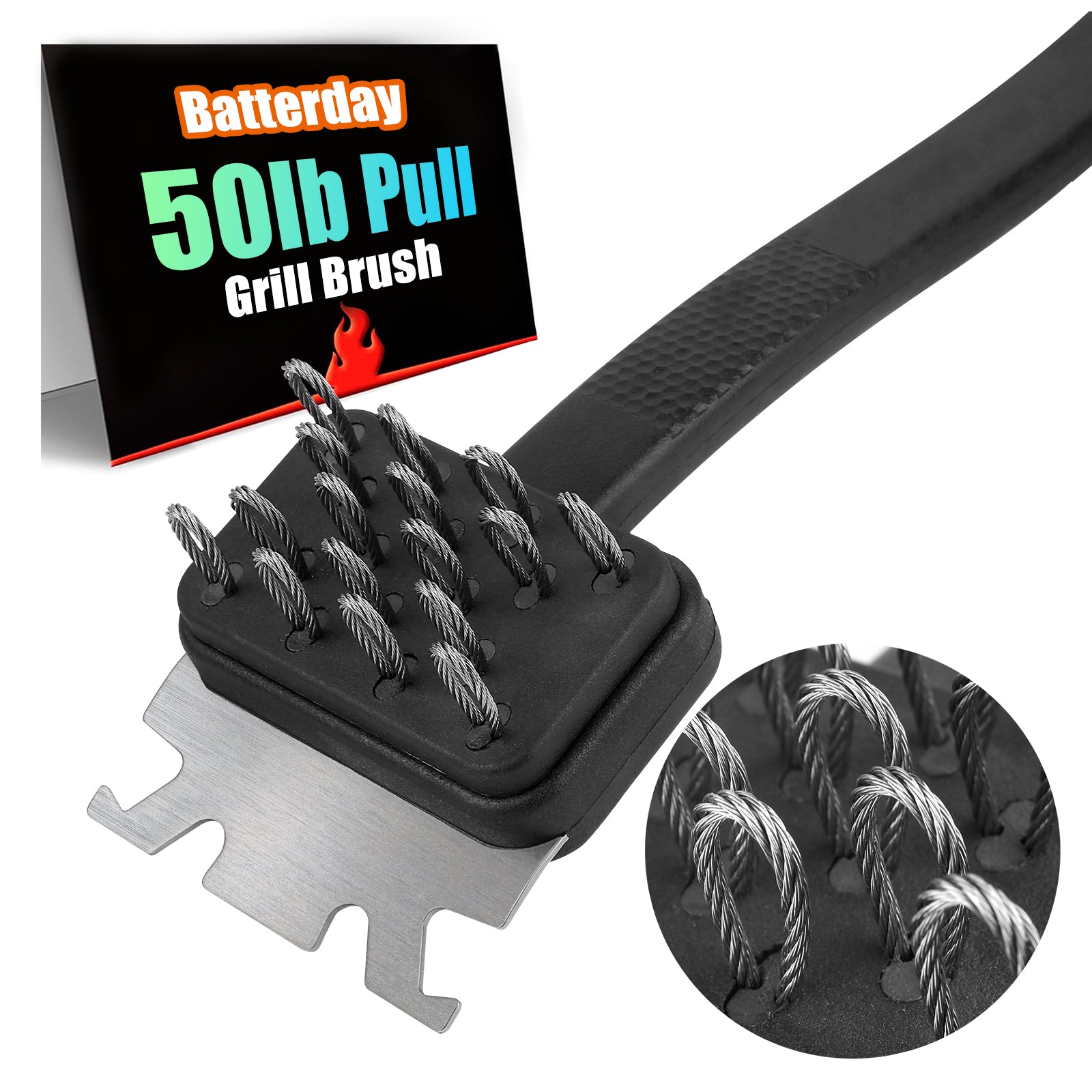 17.3-inch Grill Cleaning Brush—Constructed with durable 304 stainless steel and nylon materials, featuring a stainless steel wire brush head with secure binding design, suitable for home and outdoor use.