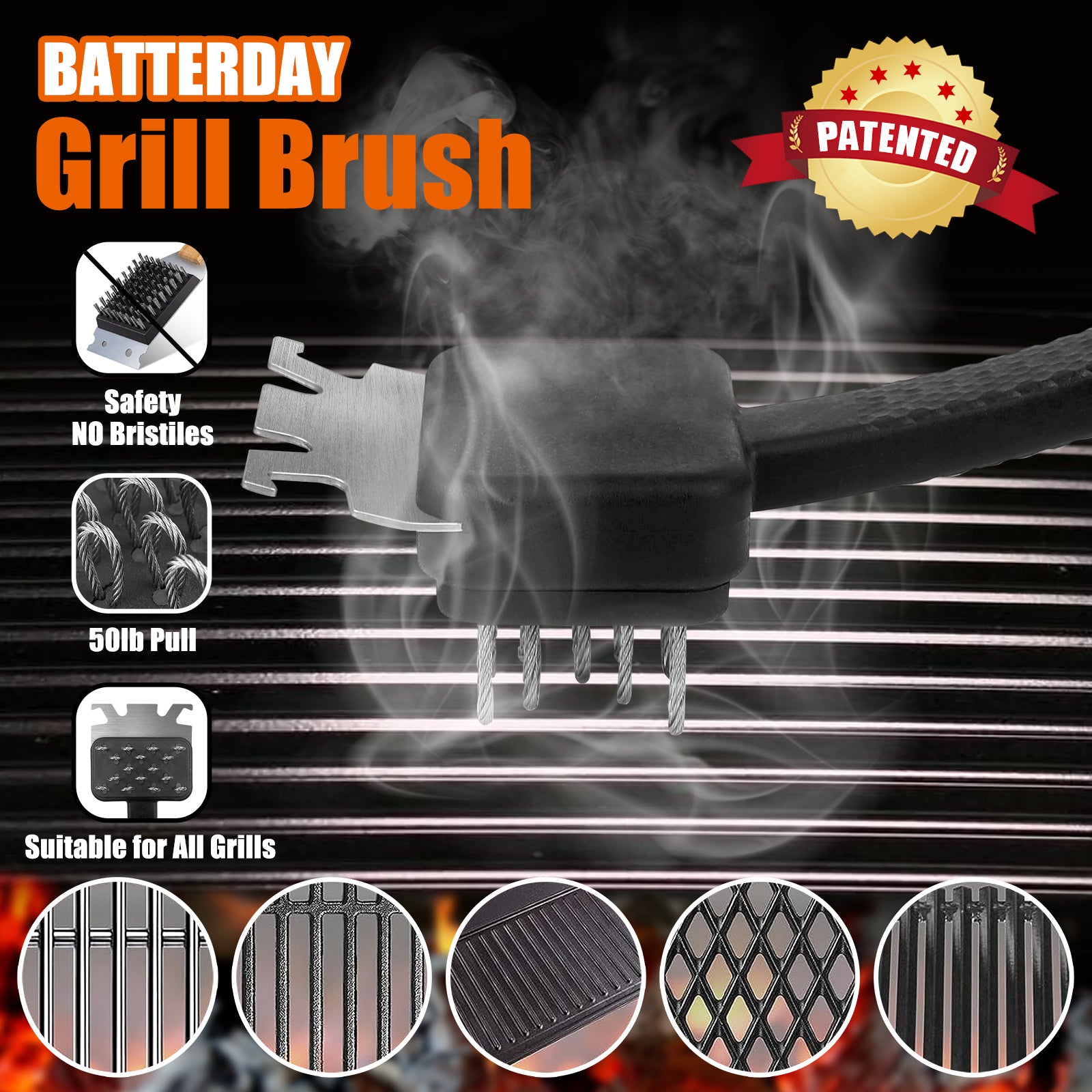 17.3-inch Grill Cleaning Brush—Constructed with durable 304 stainless steel and nylon materials, featuring a stainless steel wire brush head with secure binding design, suitable for home and outdoor use.