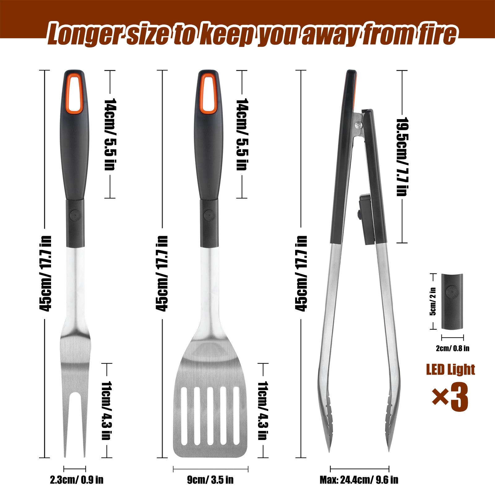 Three-Piece Barbecue Tool Set with Magnetic LED Light — 304 Stainless Steel Spatula, Tongs, and Fork, Ideal for Outdoor Grilling and Camping