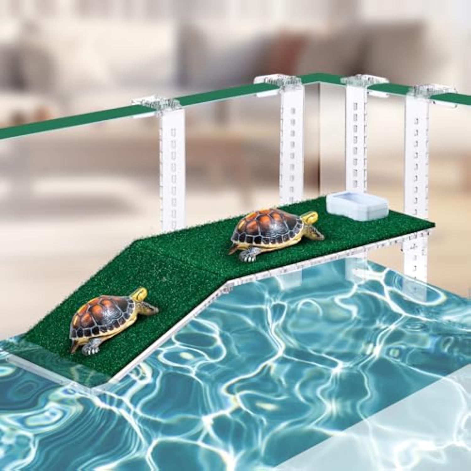 Adjustable Hanging Turtle Basking Platform with Artificial Grass 13 x 6.9 Inch Sturdy Acrylic Aquatic Reptile Ramp Dock Fits 0.3"-2" Thick Tank Salamander Frog Turtle Tank Accessories